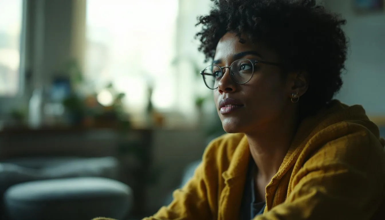 Thoughtful young woman wearing glasses and a mustard yellow jacket, sitting indoors by a softly lit window, looking ahead with a calm and reflective expression.