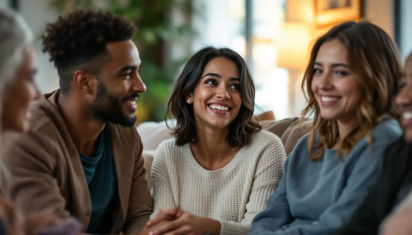 "Group of smiling people sitting together in a comfortable setting, engaging in supportive conversation during an outpatient rehab session"