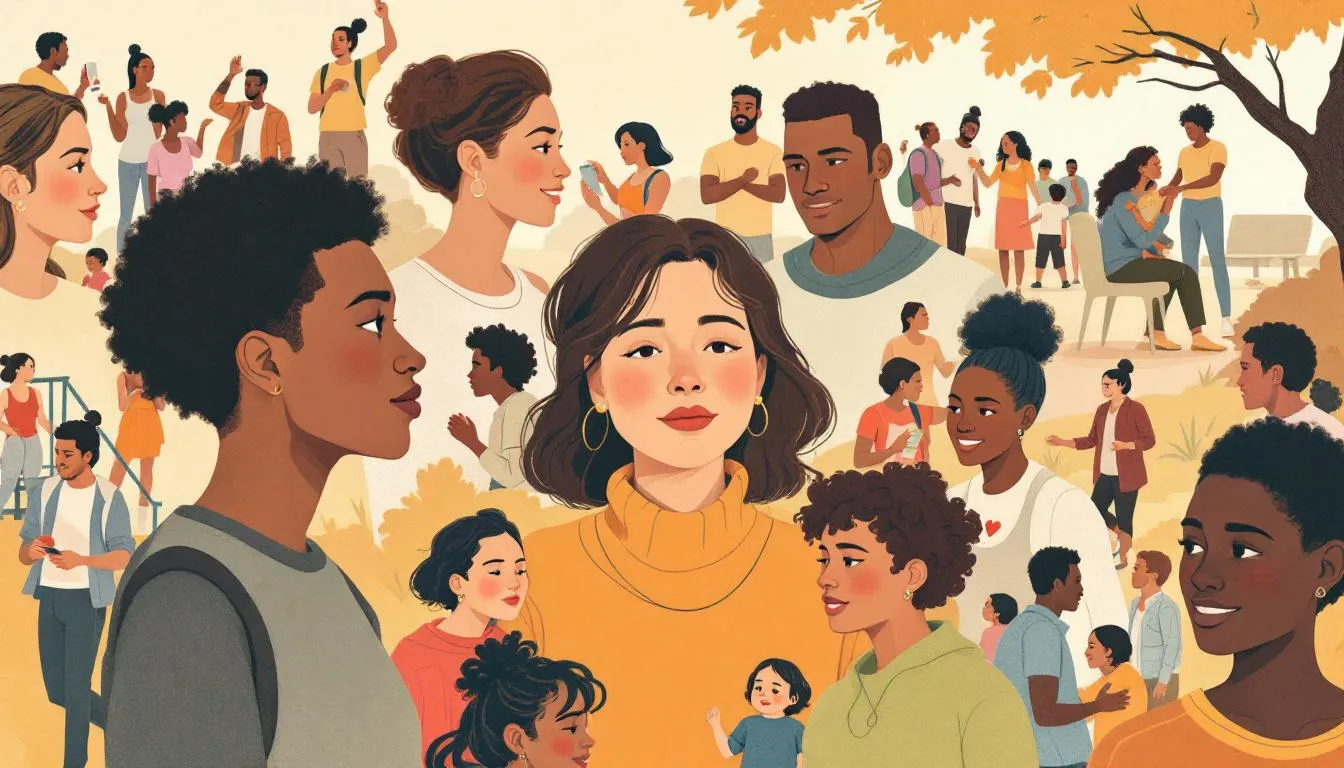 Illustrated scene of diverse people engaging in conversations and activities in a warm, autumn park setting, symbolizing community support and connection.