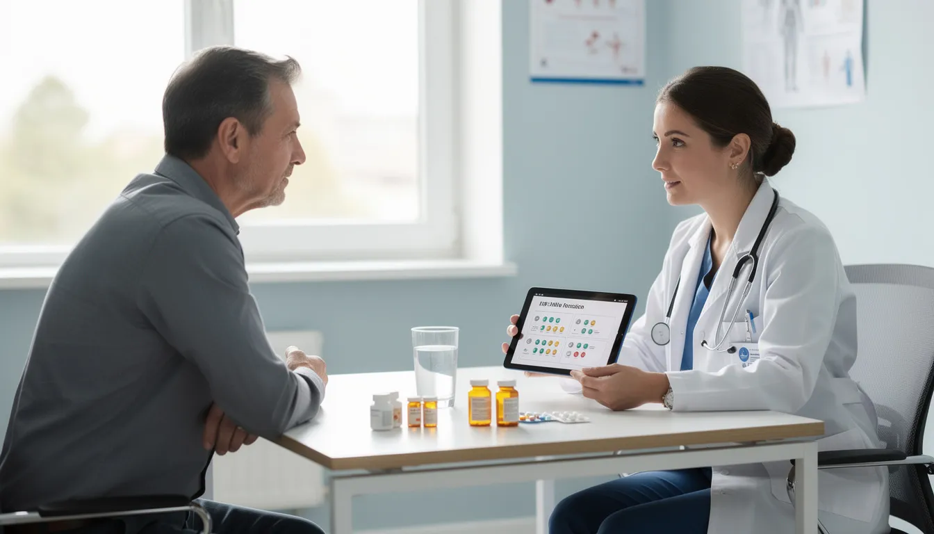 Doctor reviewing treatment and medication options with a patient, representing evidence-based substance abuse recovery care.