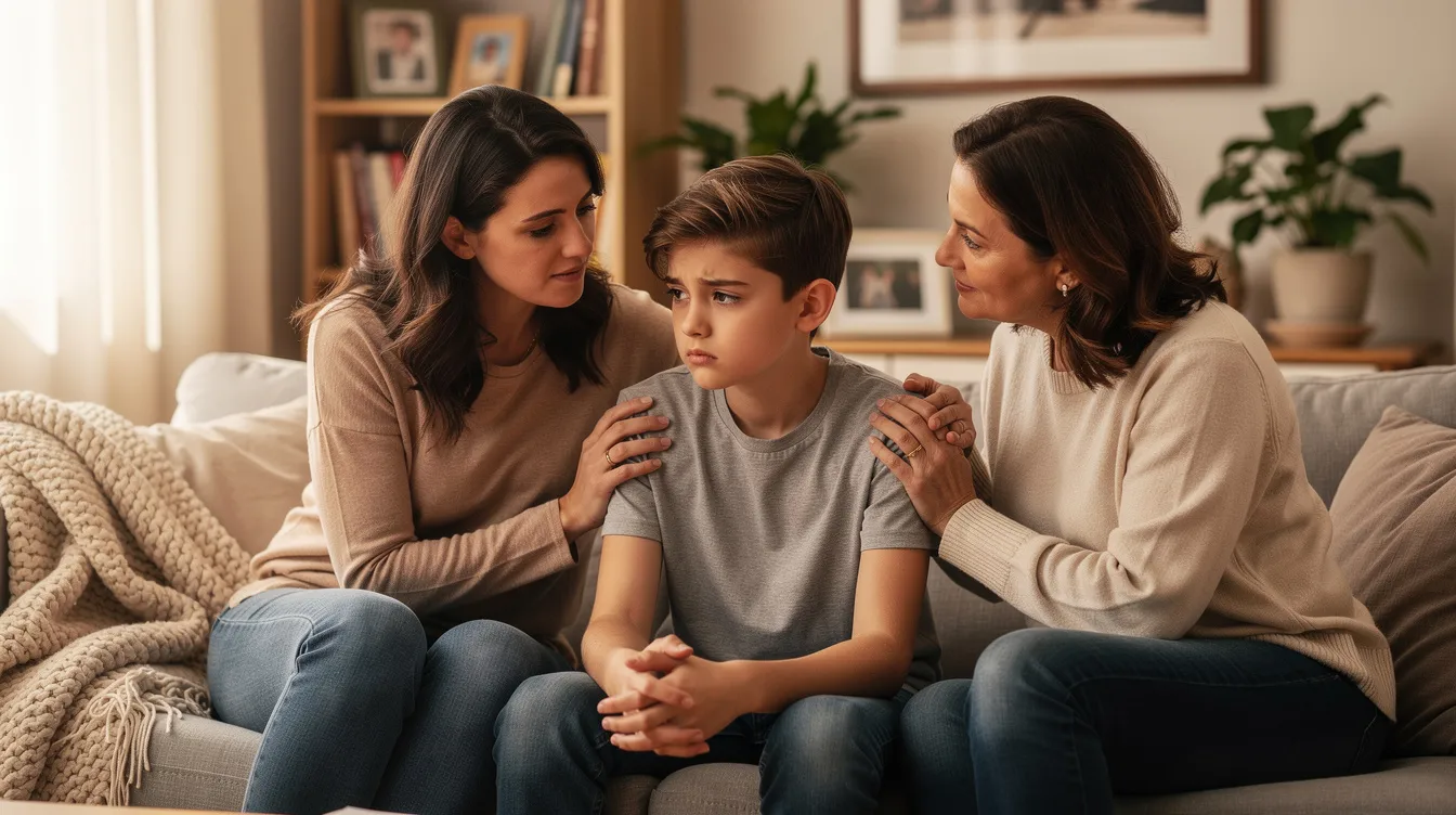 A caring family sits together on a couch, with a thoughtful teenager receiving support from their parents, highlighting the importance of family-focused therapy in managing bipolar disorder and coping with mood swings. This scene emphasizes the role of a s