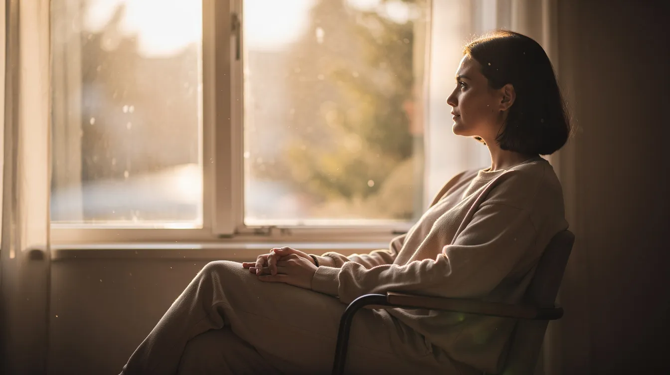 Woman sitting quietly by a sunlit window in a moment of reflection, representing the emotional experience of living with bipolar disorder