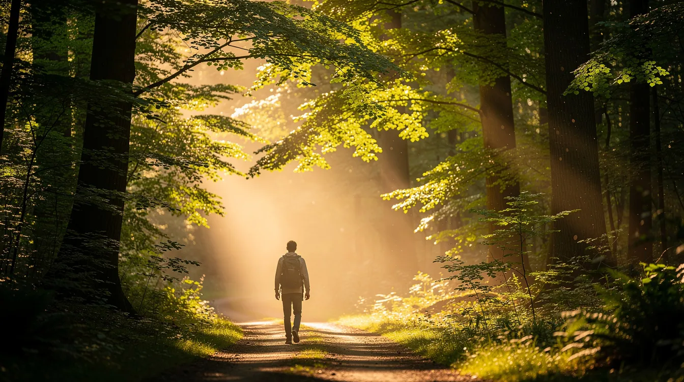 A person is walking along a serene forest trail bathed in morning sunlight, symbolizing the journey of personal growth and recovery from substance use disorders. This peaceful scene reflects the importance of healthy habits and coping mechanisms
