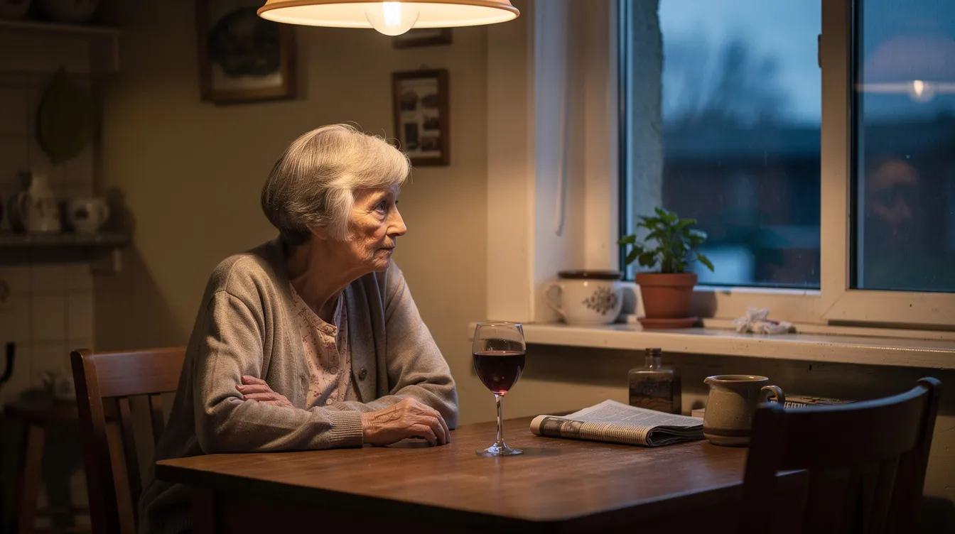 An elderly woman sits alone at a kitchen table, holding a glass of wine as she gazes out the window, reflecting on her life. This scene highlights the complexities of alcohol consumption among older adults, who may face increased health risks related to dr