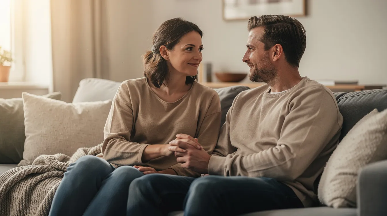 A husband and wife sitting close together on a couch in a warm, sunlit living room, holding hands and looking at each other with gentle, caring expressions during an open conversation.