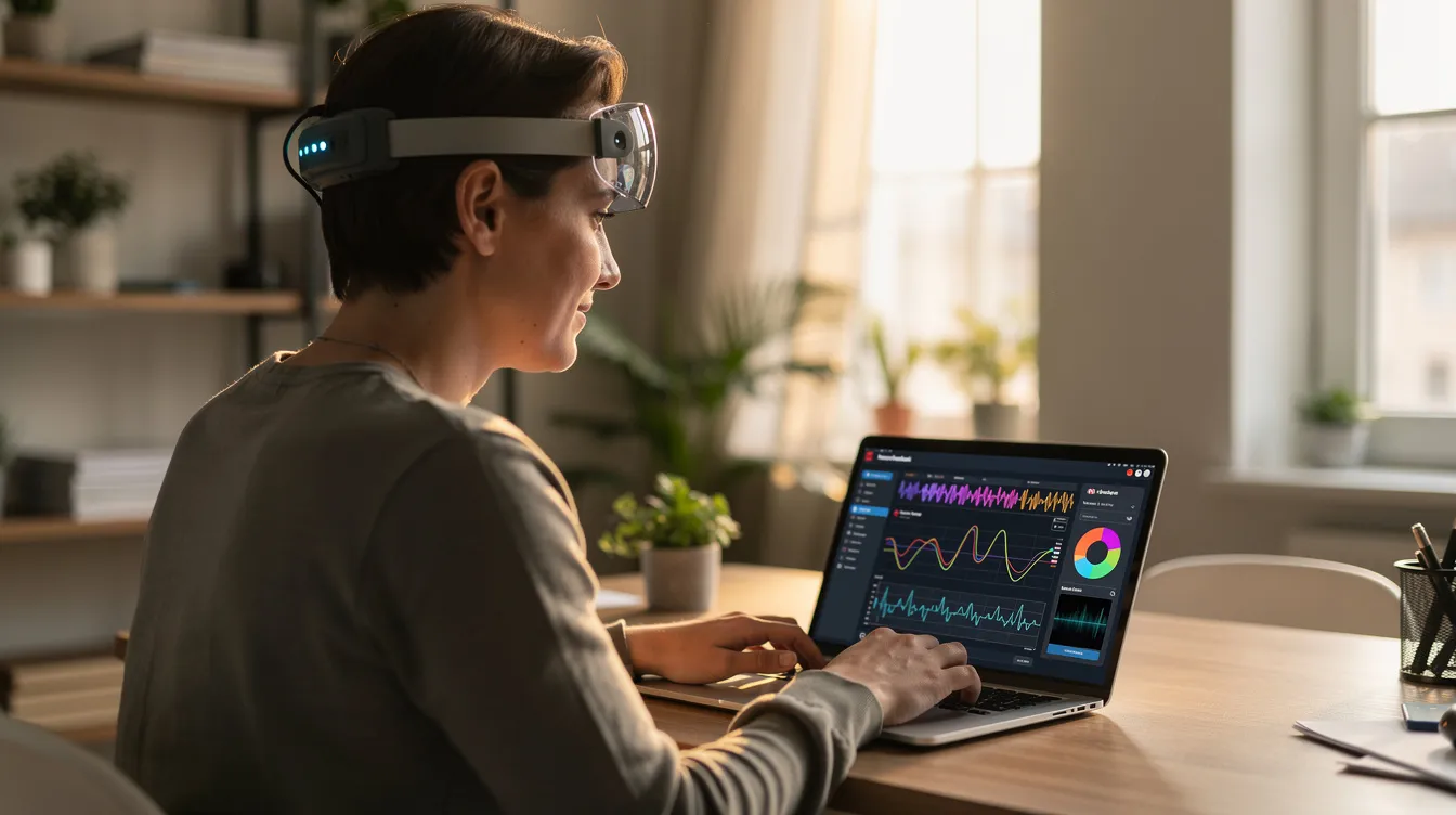 A person is sitting at a desk at home, wearing a portable EEG headband while focused on a laptop displaying a neurofeedback program. This setup highlights the innovative approach of neurofeedback therapy, which helps in self-regulating brain activity for i