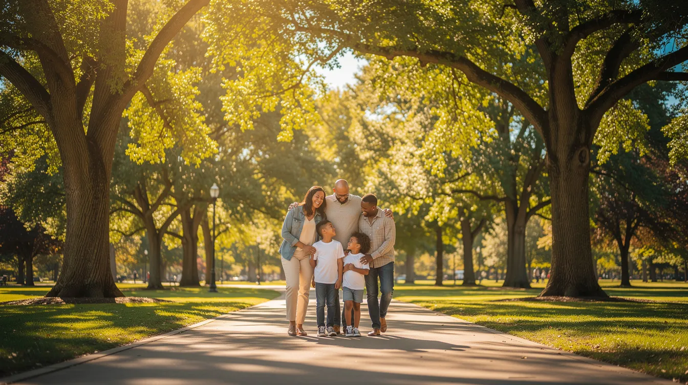 A family strolls together through a sunlit park, surrounded by tall trees, embodying supportive relationships and stability.