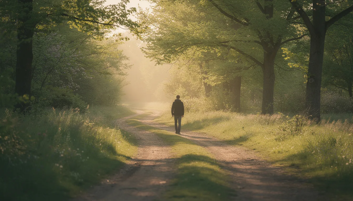 A person walking alone down a sunlit forest path, symbolizing the journey toward mental health recovery, healing, and finding help through rehab and treatment programs.
