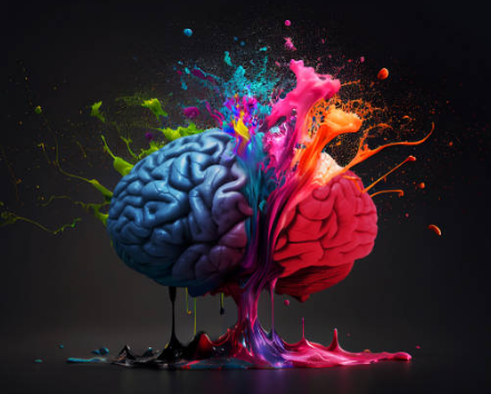 A human brain splashing with vivid paint, blue on the left hemisphere and red on the right, with bursts of pink, orange, teal, and green exploding from the center and dripping onto a dark surface.