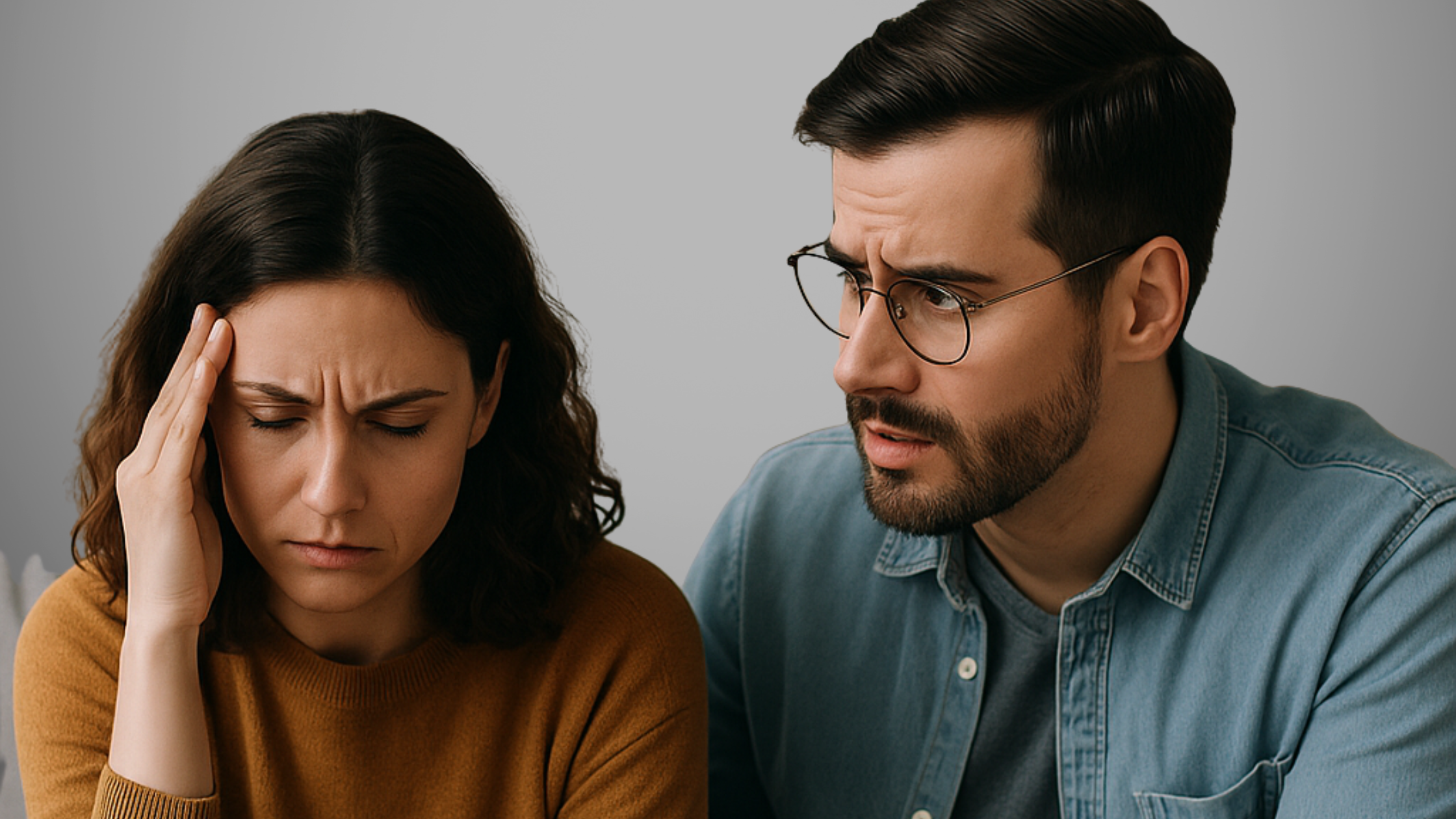 A concerned husband gestures while sitting beside his distressed wife on a couch. The woman holds her head in her hand, looking overwhelmed, symbolizing the challenges of supporting a spouse with bipolar disorder.