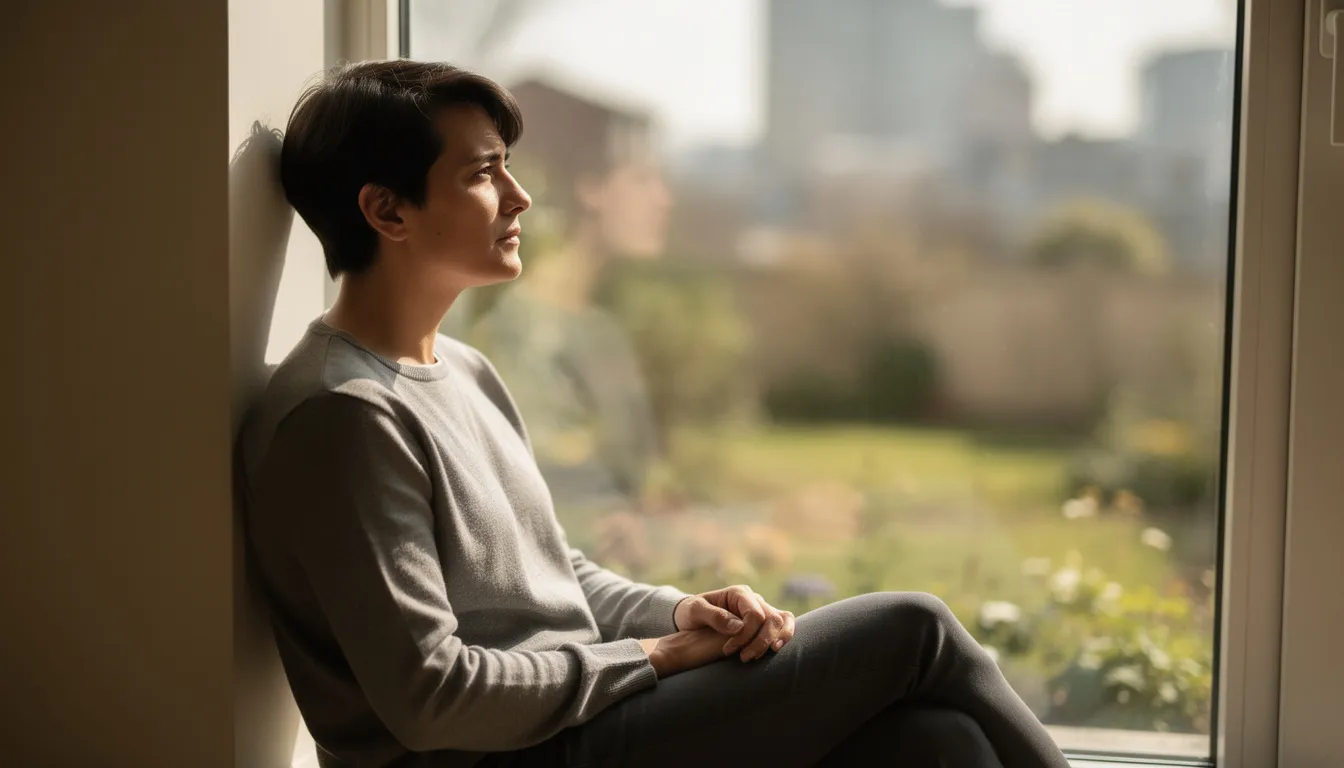 A person sits by a window, gazing outside with a contemplative expression, bathed in soft natural light that highlights their emotional vulnerability. This moment reflects the complexities of the healing journey, where the fear of progress can feel more th