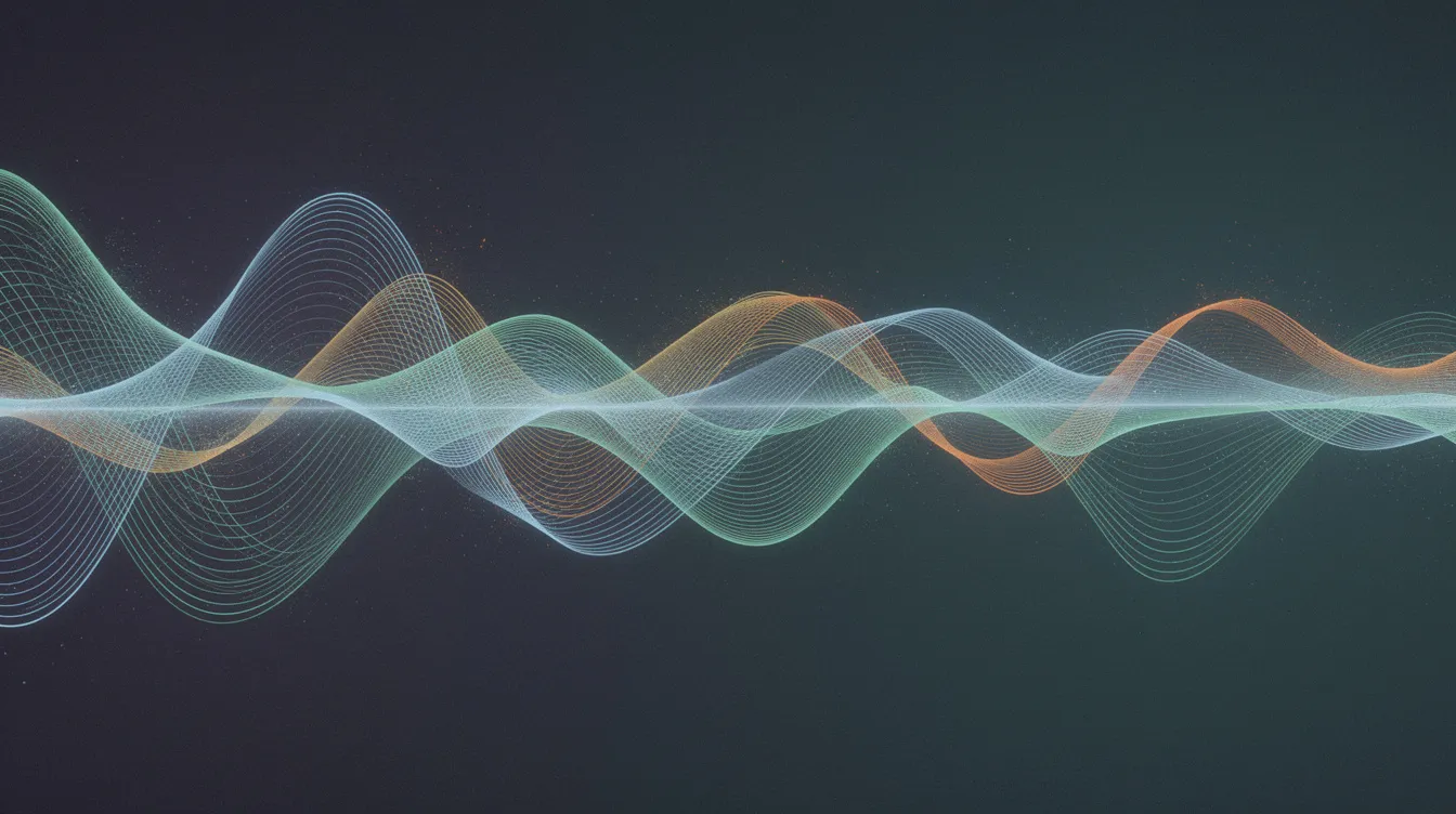 Abstract flowing waves in blue, green, and orange representing brain wave frequencies in neurofeedback brain mapping.