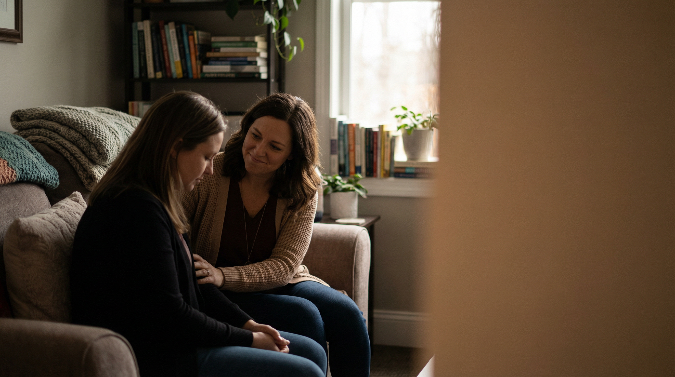 Two women having a supportive conversation on a couch in a cozy living room