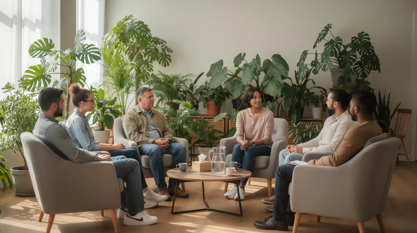 Group therapy session in a calm, plant-filled room at an inpatient treatment center for borderline personality disorder